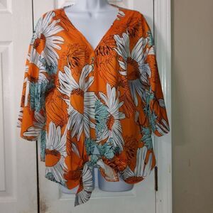 Floral print tie front bat sleeve blouse top Beach summer tropical cruise  Sz 1X